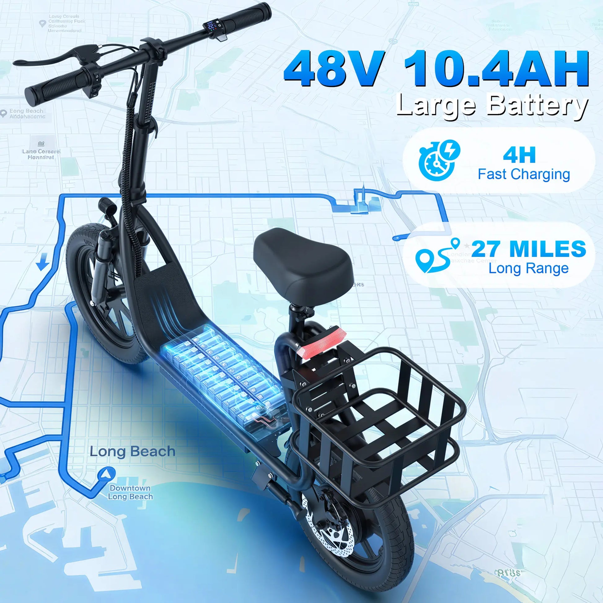 Adult Electric Scooter with Seat and Basket: Features a 48V 10.4Ah Battery, a Top Speed of 22 Mph, and a Range of 21–27 Miles. It Boasts a Foldable Design and Is Pet-Friendly, Equipped with a Rear Storage Basket.