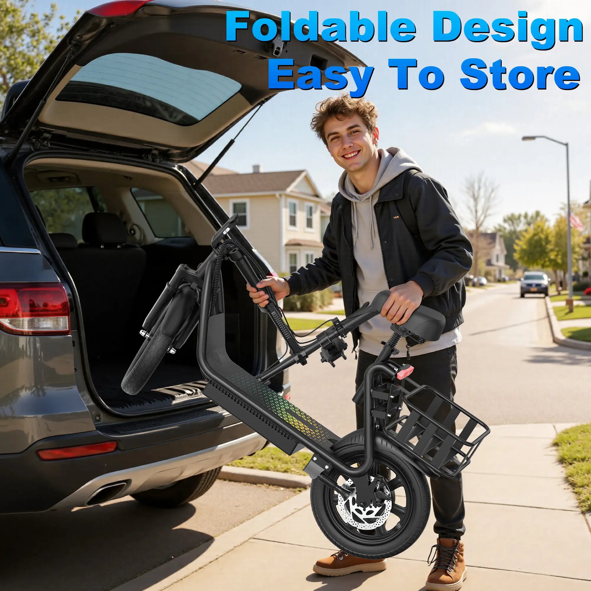 Adult Electric Scooter with Seat and Basket: Features a 48V 10.4Ah Battery, a Top Speed of 22 Mph, and a Range of 21–27 Miles. It Boasts a Foldable Design and Is Pet-Friendly, Equipped with a Rear Storage Basket.