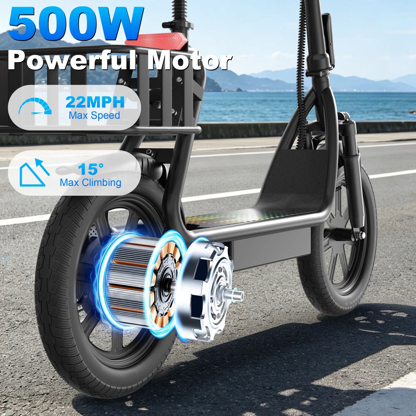 Adult Electric Scooter with Seat and Basket: Features a 48V 10.4Ah Battery, a Top Speed of 22 Mph, and a Range of 21–27 Miles. It Boasts a Foldable Design and Is Pet-Friendly, Equipped with a Rear Storage Basket.