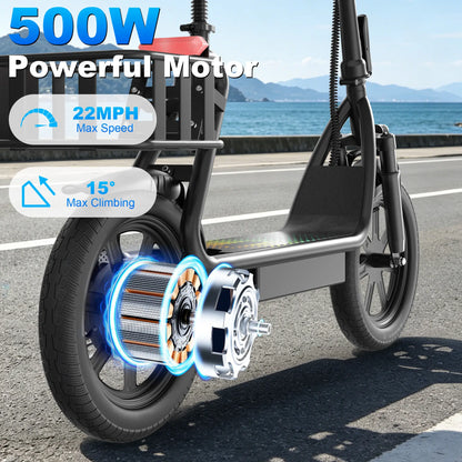 Adult Electric Scooter with Seat and Basket: Features a 48V 10.4Ah Battery, a Top Speed of 22 Mph, and a Range of 21–27 Miles. It Boasts a Foldable Design and Is Pet-Friendly, Equipped with a Rear Storage Basket.