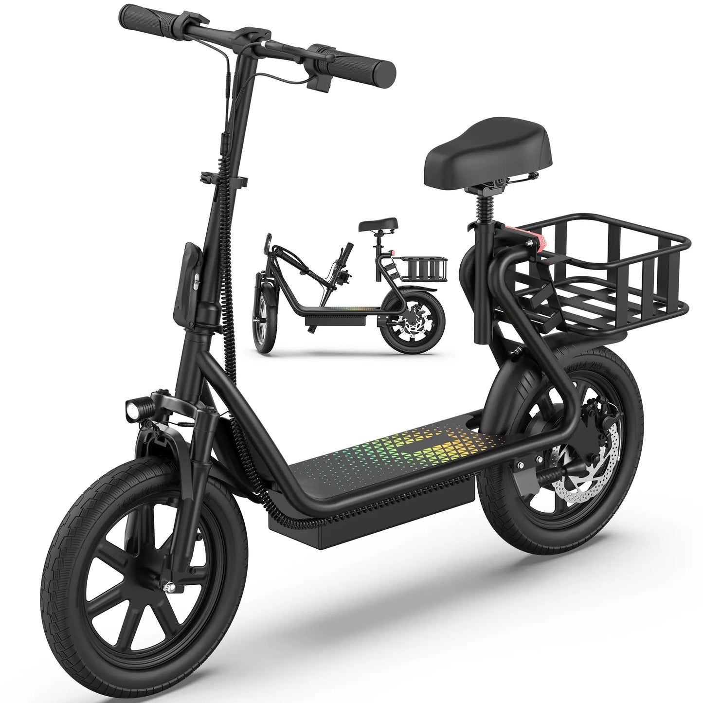 Adult Electric Scooter with Seat and Basket: Features a 48V 10.4Ah Battery, a Top Speed of 22 Mph, and a Range of 21–27 Miles. It Boasts a Foldable Design and Is Pet-Friendly, Equipped with a Rear Storage Basket.