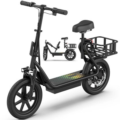 Adult Electric Scooter with Seat and Basket: Features a 48V 10.4Ah Battery, a Top Speed of 22 Mph, and a Range of 21–27 Miles. It Boasts a Foldable Design and Is Pet-Friendly, Equipped with a Rear Storage Basket.