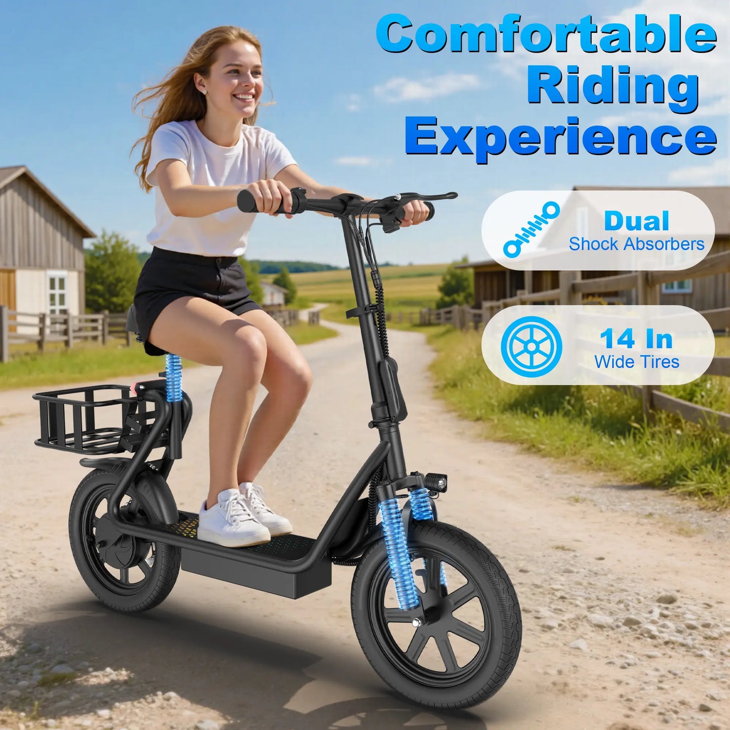 Adult Electric Scooter with Seat and Basket: Features a 48V 10.4Ah Battery, a Top Speed of 22 Mph, and a Range of 21–27 Miles. It Boasts a Foldable Design and Is Pet-Friendly, Equipped with a Rear Storage Basket.