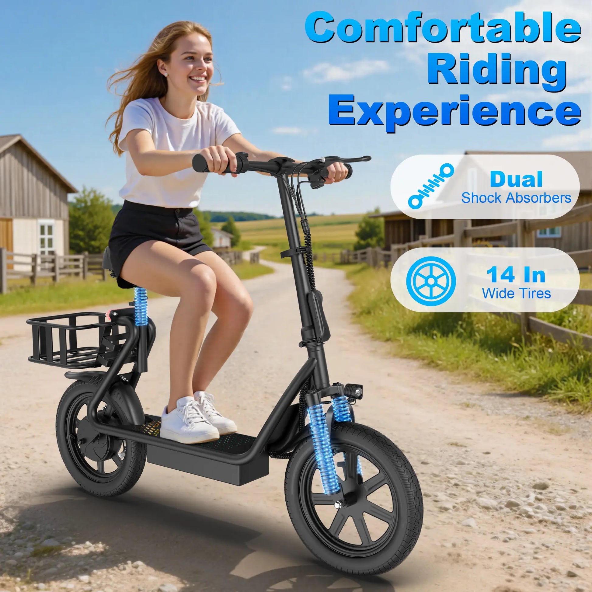 Adult Electric Scooter with Seat and Basket: Features a 48V 10.4Ah Battery, a Top Speed of 22 Mph, and a Range of 21–27 Miles. It Boasts a Foldable Design and Is Pet-Friendly, Equipped with a Rear Storage Basket.