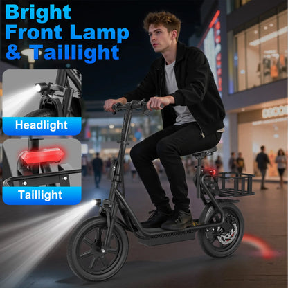 Adult Electric Scooter with Seat and Basket: Features a 48V 10.4Ah Battery, a Top Speed of 22 Mph, and a Range of 21–27 Miles. It Boasts a Foldable Design and Is Pet-Friendly, Equipped with a Rear Storage Basket.