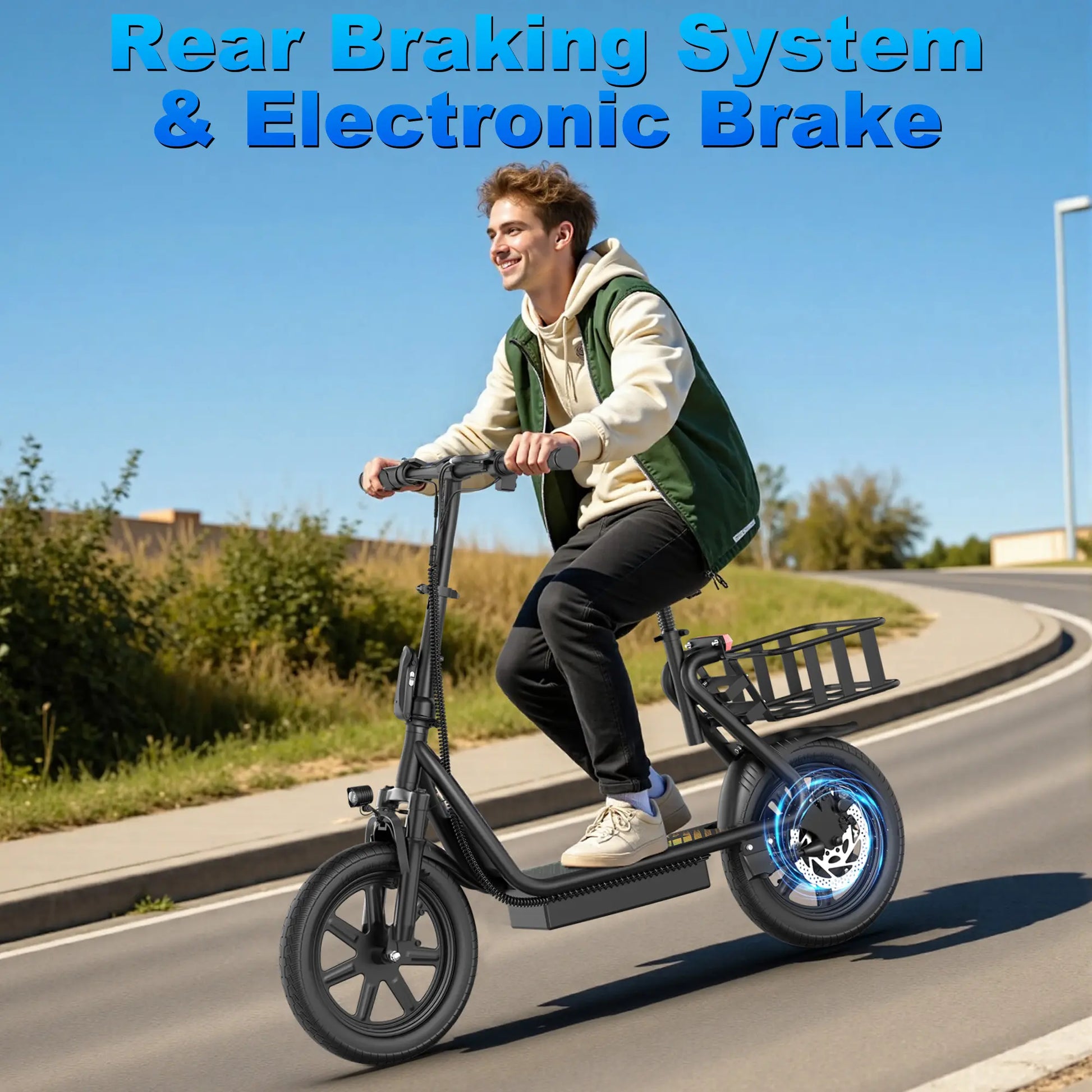 Adult Electric Scooter with Seat and Basket: Features a 48V 10.4Ah Battery, a Top Speed of 22 Mph, and a Range of 21–27 Miles. It Boasts a Foldable Design and Is Pet-Friendly, Equipped with a Rear Storage Basket.