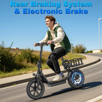 Adult Electric Scooter with Seat and Basket: Features a 48V 10.4Ah Battery, a Top Speed of 22 Mph, and a Range of 21–27 Miles. It Boasts a Foldable Design and Is Pet-Friendly, Equipped with a Rear Storage Basket.