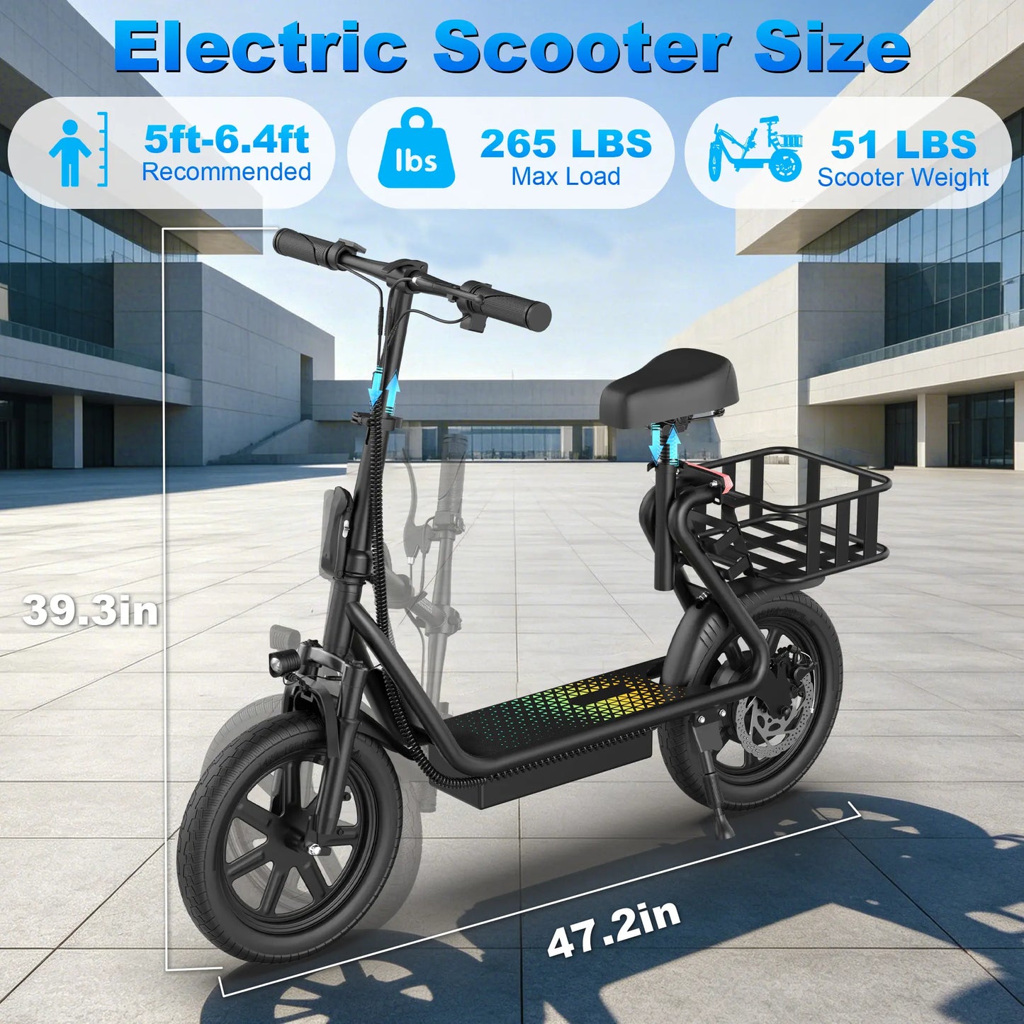 Adult Electric Scooter with Seat and Basket: Features a 48V 10.4Ah Battery, a Top Speed of 22 Mph, and a Range of 21–27 Miles. It Boasts a Foldable Design and Is Pet-Friendly, Equipped with a Rear Storage Basket.